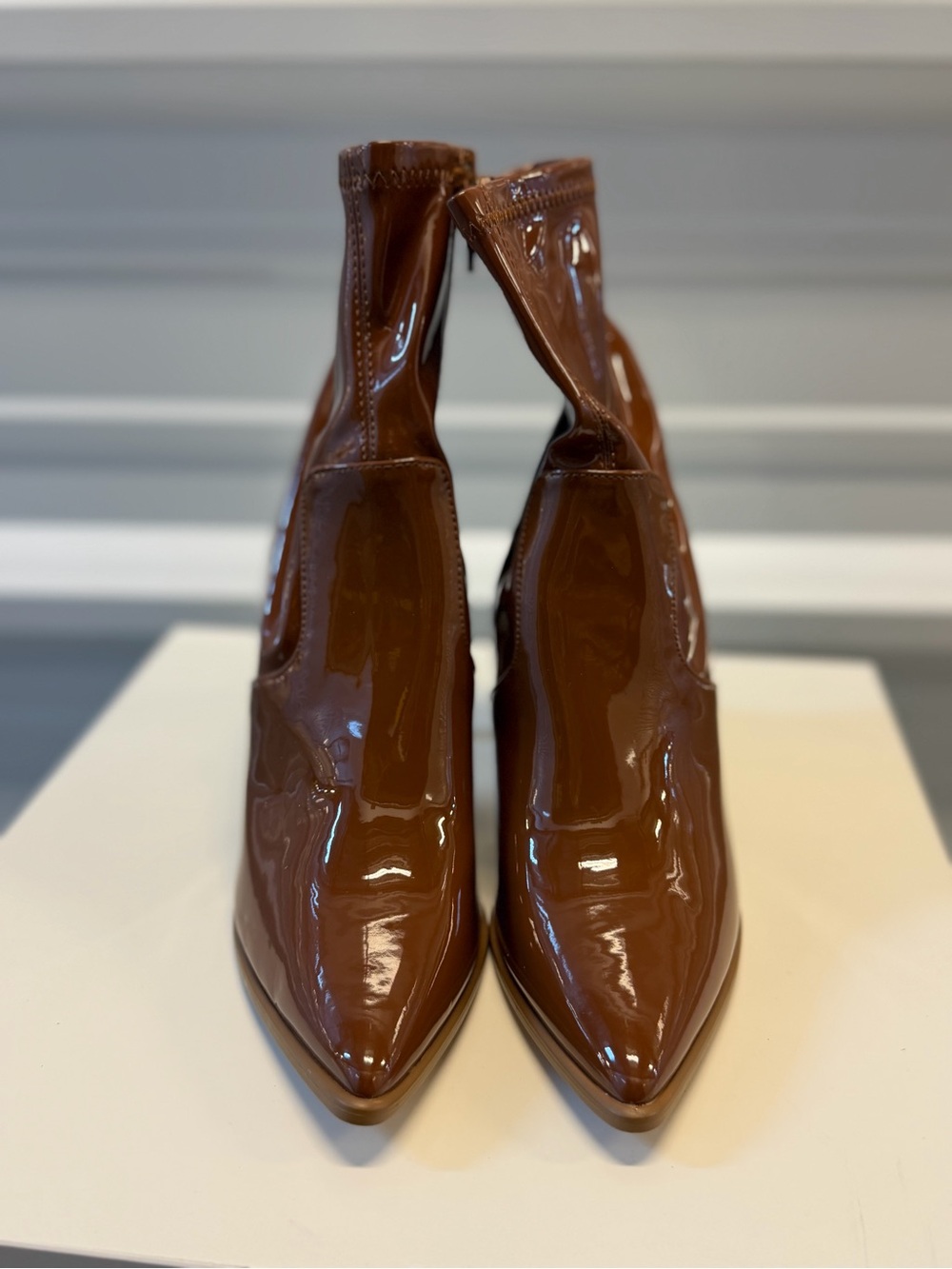 Steve Madden Size 7 Elwyn Viktory Cognac Patent Ankle Stiletto Heel Boots New - Picture 4 of 7